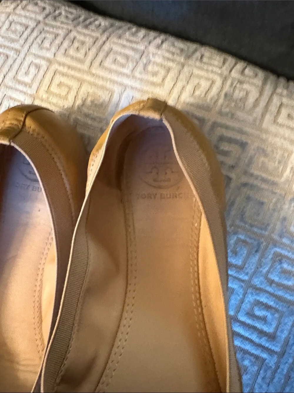 Tory Burch Camel Leather Logo Bow Flats